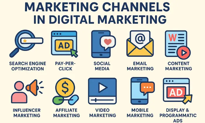 Infographic showing the top digital marketing channels including SEO, social media, email, content, and paid ads